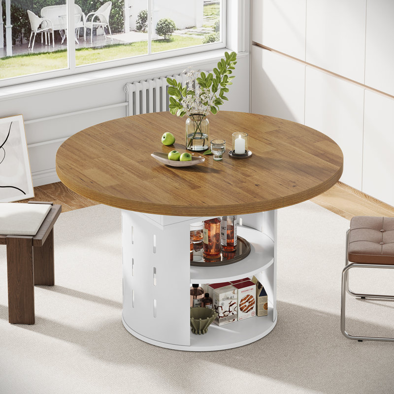43.3''-59'' Extendable Round Dining Table For 4-6, Oak Color, White