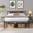 Deep black metal queen size bed frame with wood panel headboard, for residential bedroom use, compatible with all mattress types