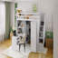 Structure de lit mezzanine pleine grandeur avec rangement pour garde-robe intégré, bureau et tablettes, finition blanche-879331509