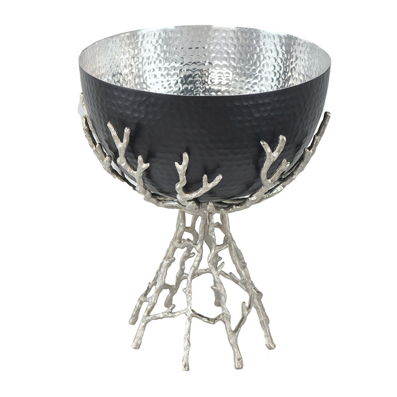 Contemporary Aluminum Decorative Bowl with Twig-Inspired Metal Stand, 12.8" H x 11" W x 11" D, Nickel/Black