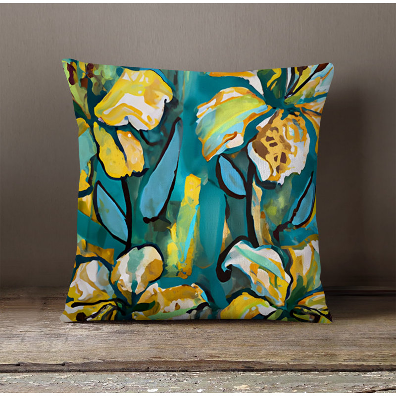 Throw Pillow With Insert, Blue/Yellow Floral/Abstract 2, 18"H x 18"W