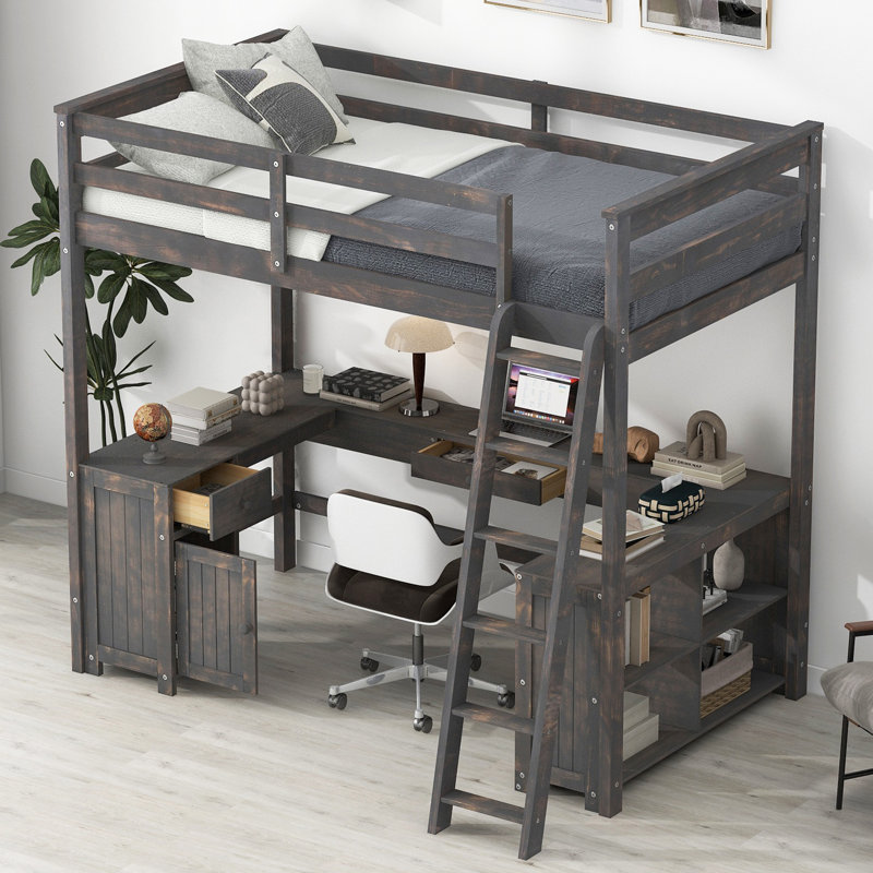 Full Size Loft Bed with U-shaped Desk, Drawers and Storage Shelves,, Brown, Full