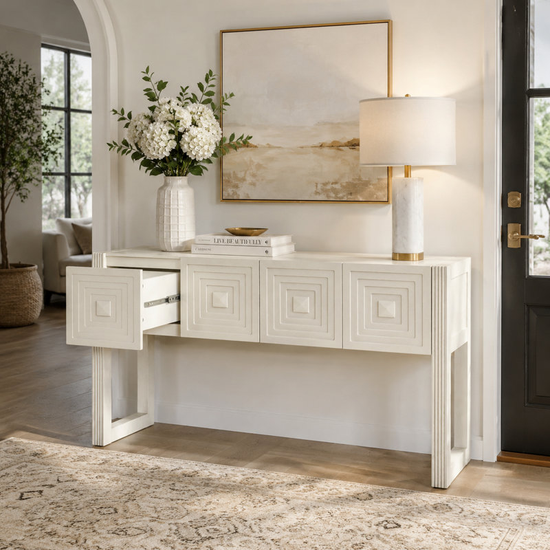 Natural Wood-Tone Entryway Console Table — Featuring Geometric Carving Detail, Three Soft-Close Drawers, And Recessed Legs — Ideal For Entryways