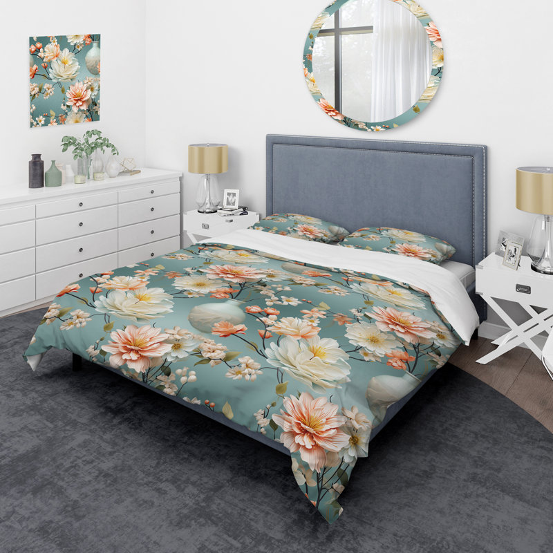 Ensemble de housse de couette Ikebana, Housse de couette pour grand lit et 2 taies décor