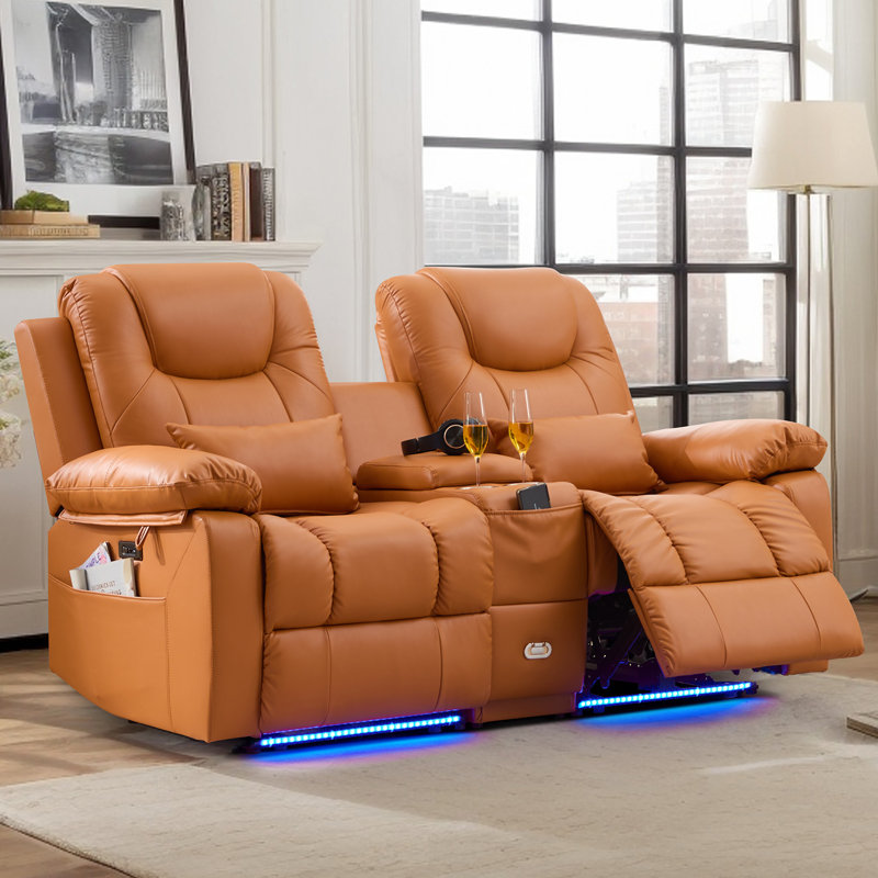 Power Reclining Loveseat Sofa Couch With Power Outlets & Colorful LED Lights For Living Room, Orange