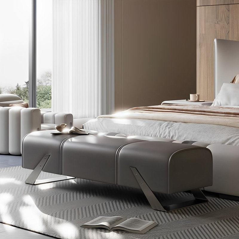 Banc rembourré en cuir véritable, H 16,53 po x l 62,99 po x P 17,71 po