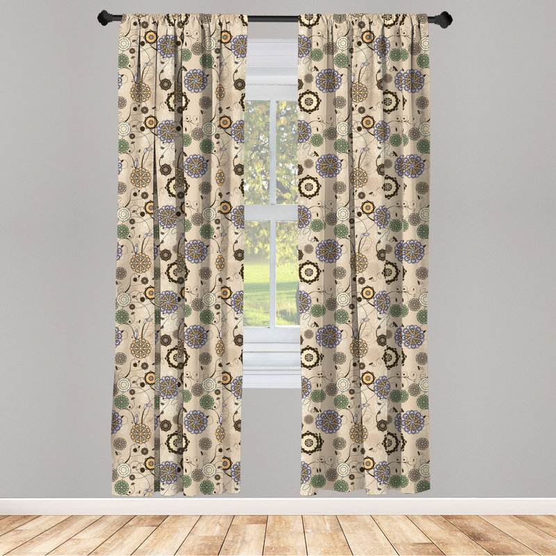 Beige Floral Polyester Rod Pocket Curtain Panels, 28" x 63" Set of 2