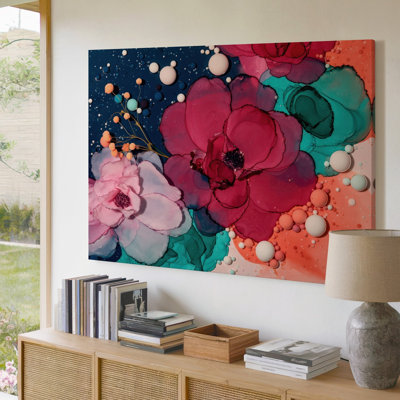 Canvas A Vibrant Abstract Composition Bursts Forth With Large Fluid Flowers Wall Art In Deep Crimson Gentle Blush And Striking Teal Canvas Wall Art