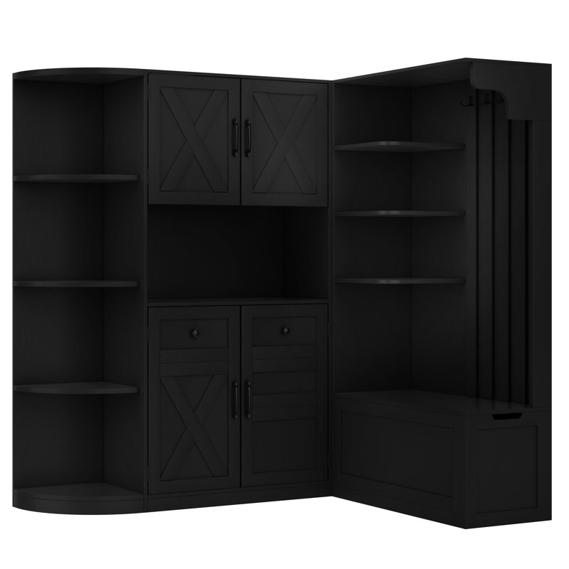 Versatile Black Hall Cabinet For Living Areas, Left And Right Units With Hanging Storage, Round Corner Protection Split Different Rooms, Ample Corners