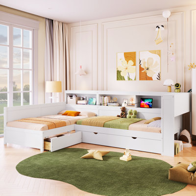 Lit plateforme simple en L avec lit gigogne, tiroir, tablettes de rangement, station de charge, structure en bois massif, blanc