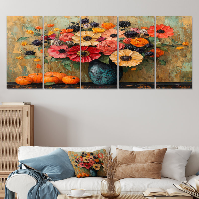 «Orange and Pink Flowers Harvest Delights», ensemble de reproductions d'art mural, H 32 po x l 80 po