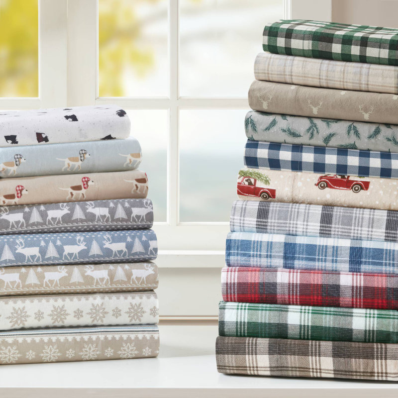 Ensemble de draps en flanelle 100% coton, Ensemble de draps pour lit double avec 2 taies d'o, Imprimé de tête de cerf