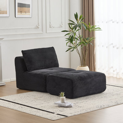 Modern Memory Foam Compressed Sofa, Single Chaise Longue for Living Room, Pet-Friendly Cloud Modular Sectional, Corduroy Fabric, Movable Ottoman, No Assembly with Pillows, Black