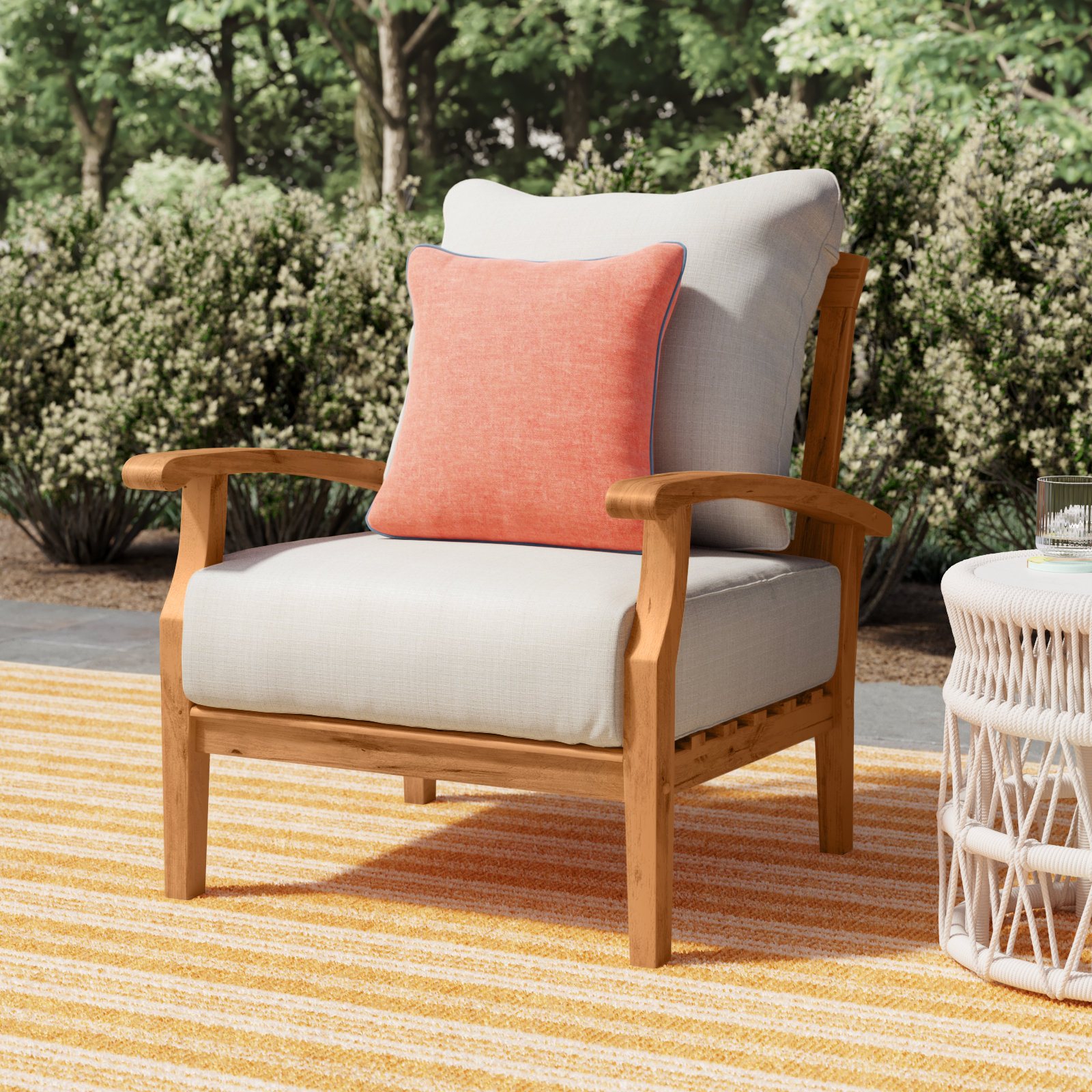 Summerton Teak Patio Chair with Cushions, Brown Frame/Beige Cushion