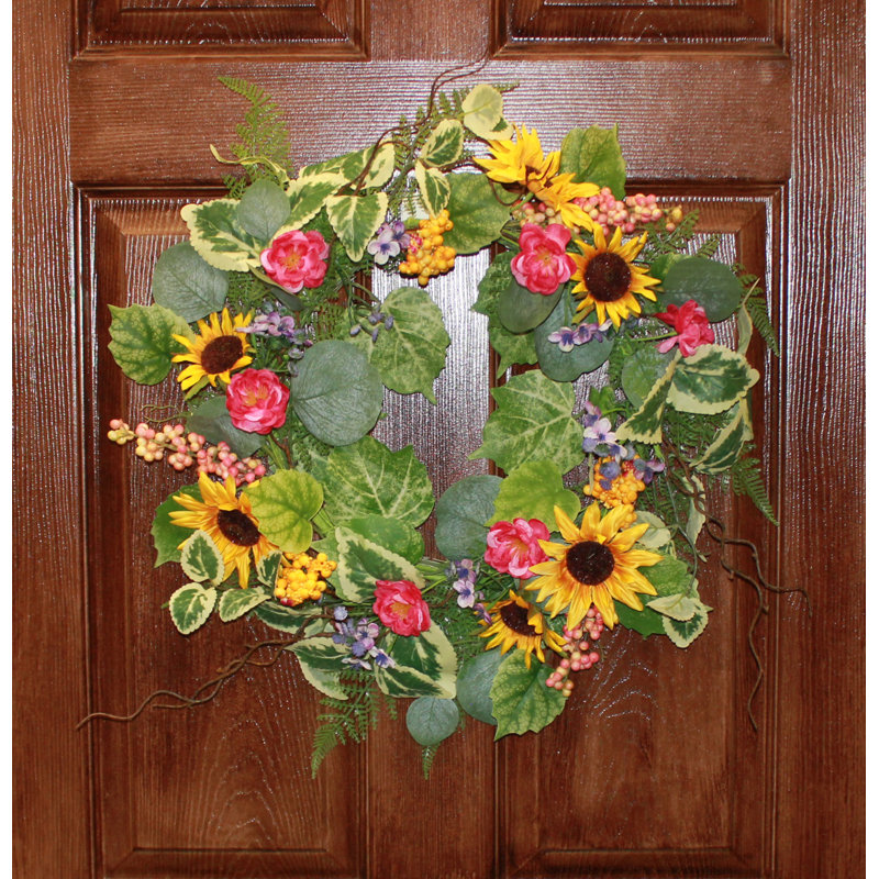 Couronne de tournesol artificielle 22 po, baies et feuilles