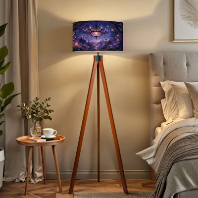  Lampe sur pied à trépied avec lustre lumineux Forest Path, fleurs mauves brillantes et télécommande à DEL avec pieds en bois de hêtre et abat-jour en lin amovible pour le salon et la chambre à coucher