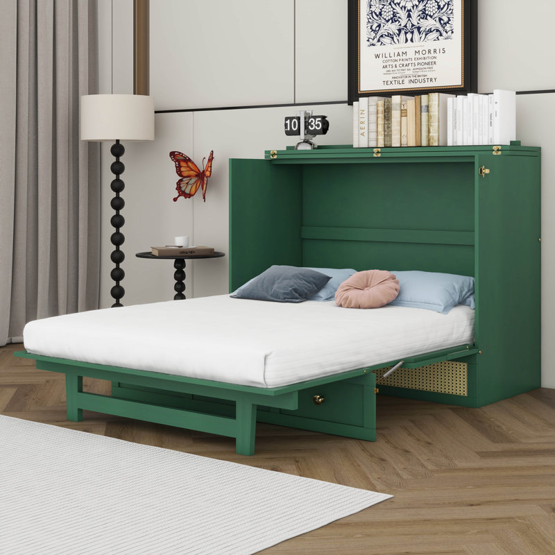 Lit escamotable en rotin avec tiroir de rangement, lit escamotable escamotable escamotable en bois, Vert