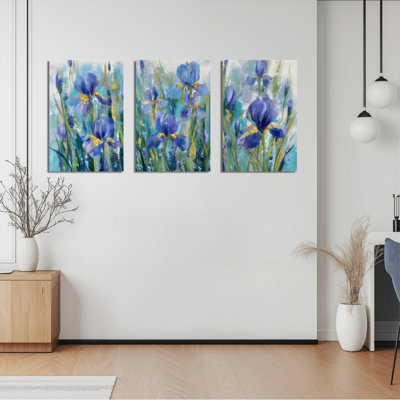 Blue Iris Floral Canvas Wrapped Wall Art, Oil Painting Print (Set of 3)