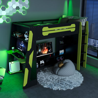 Lit mezzanine simple avec bureau et éclairage RVB | Conception multi-rangements
