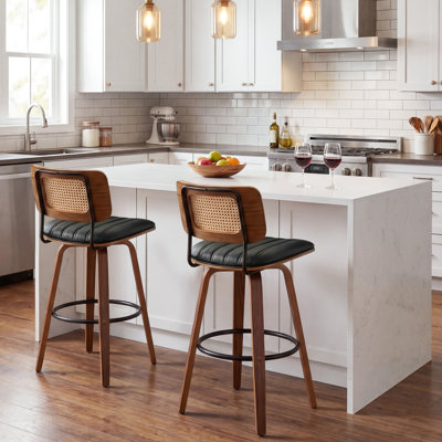 Valerie Wooden Rattan Faux Leather Bar Stools