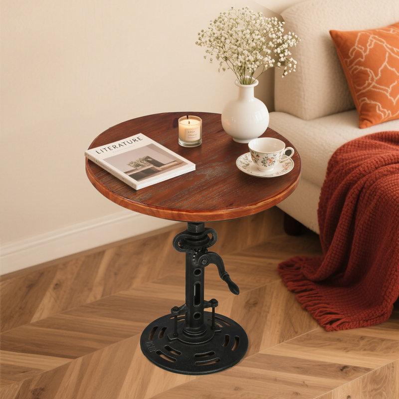 Vintage End Table With Handle Crank Industrial Bar Table Solid Wood Top Dia19.7", Brown/Silver
