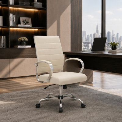 Mulkey Ribbed Faux Leather Mid-Back Office Chair, Mid Century Ergonomic Executive Desk Chair