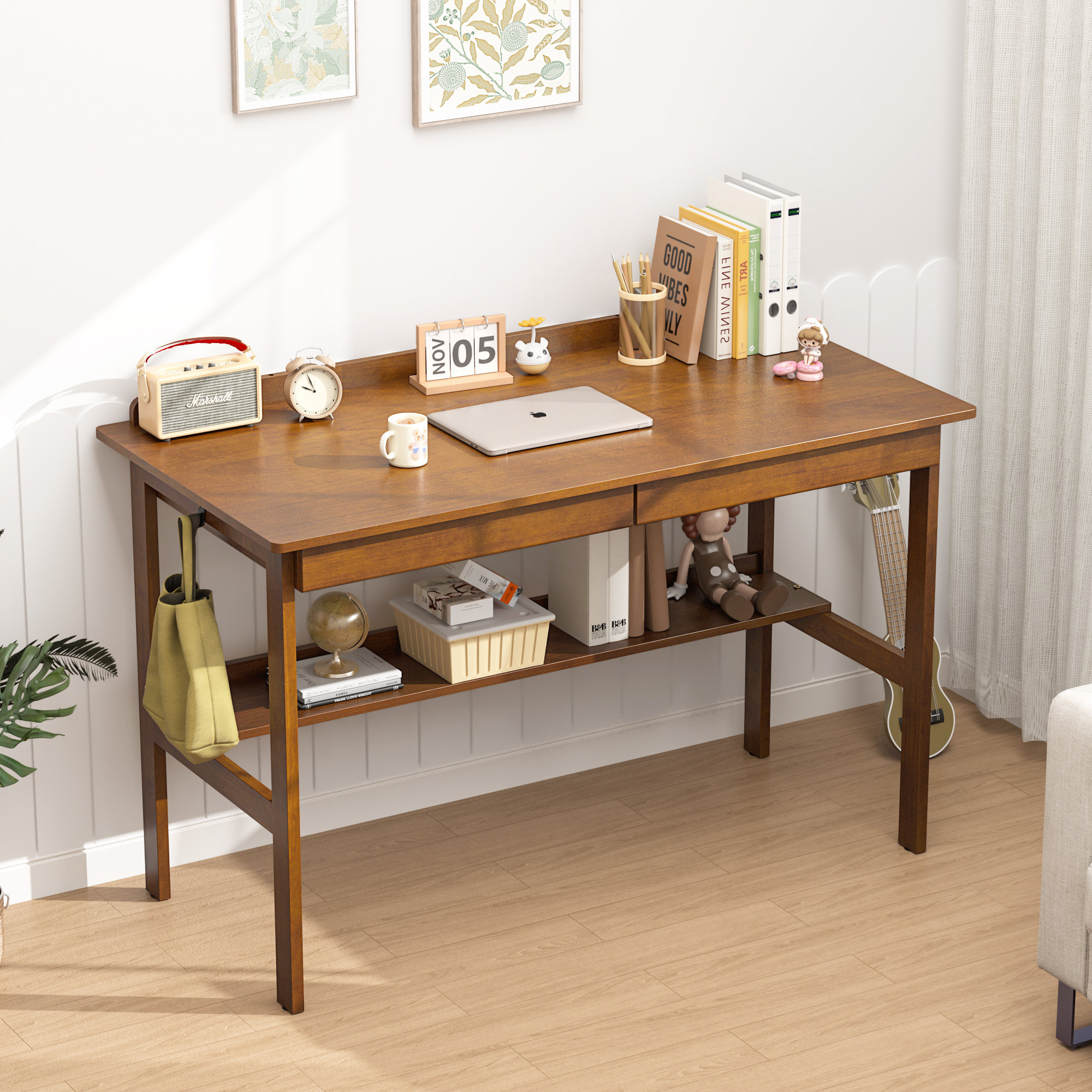 Beskadi Solid Wood Writing Desk With Drawers, 47" Mid Century Modern ...