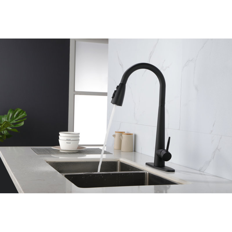 Robinets de cuisine noirs avec douchette rétractable, robinet d'évier de cuisine avec douchette rétractable, résistant aux empreintes digitales, fixation sur le comptoir à un trou, robinet de cuisine en cuivre à poignée simple, noir mat
