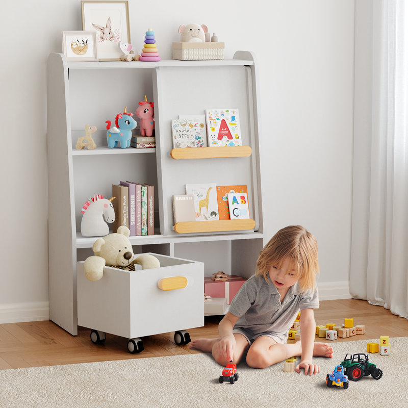 Kids Bookcase with Sliding Door and Drawer, Organizer Cabinet, Book Display