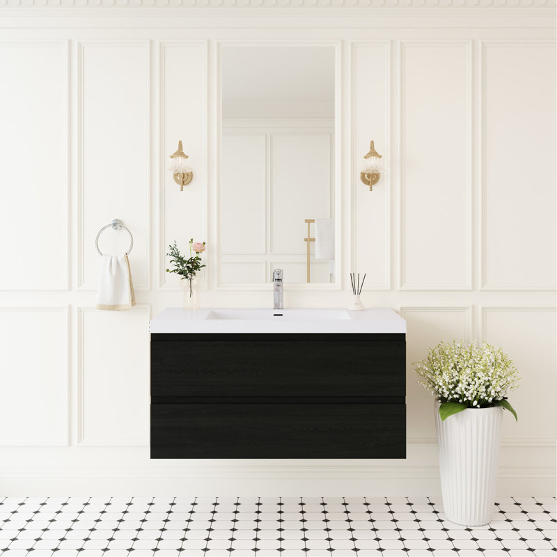 Meuble-lavabo flottant de 42 po avec lavabo à surface solide et comptoir à fermeture en douceur, comptoir en bois entièrement assemblé et armoire de rangement élégante, minimaliste et moderne
