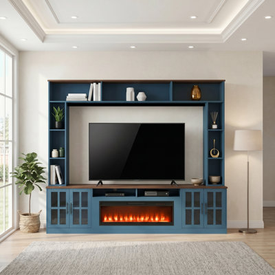 Navy Blue TV Stand Entertainment Center Fits TV's up to 80 in. with Bookshelves, Electric Fireplace & Adjustable Shelves
