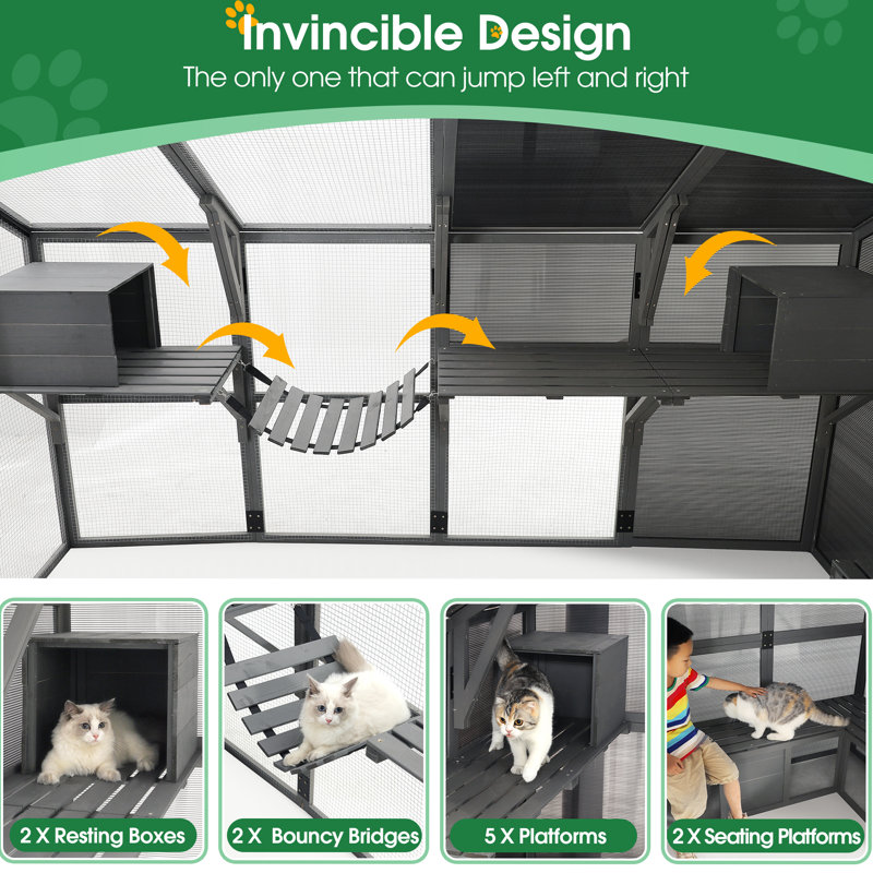 Enclos d'extérieur pour chat en bois avec plusieurs fonctionnalités de jeu pour les animaux de compagnie