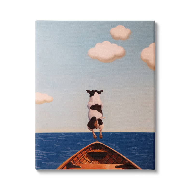 Az-003 - Chien encadré sautant dans un lac, H 40 po x l 30 po x P 1,5 po