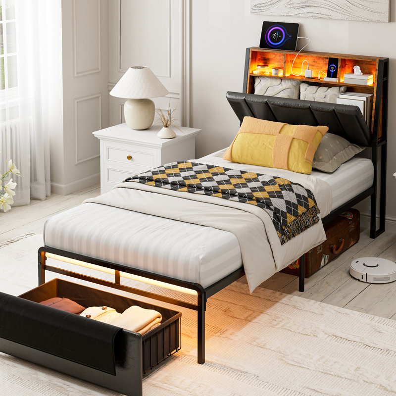 Orren Ellis Bed Frames With Dustproof Storage Drawer, Ergonomic Hidden Storage Headboard With Charging Station, Upholstered Faux Leather Led Platform Bed, No Box Spring Needed, Easy Assembly, Black
