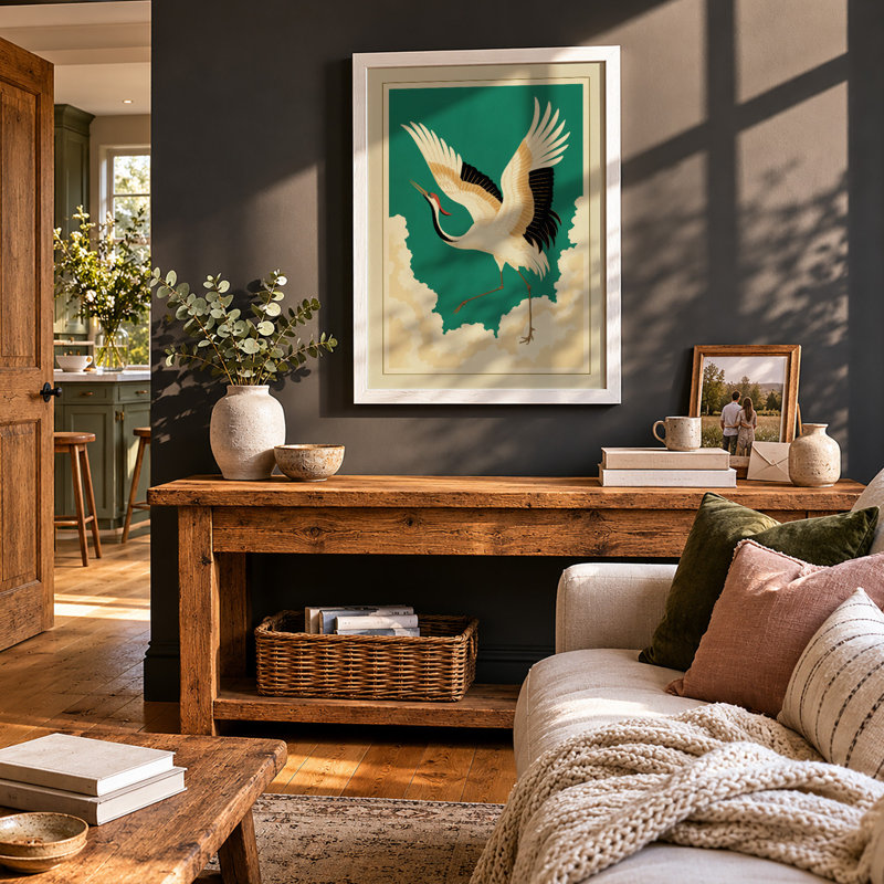 Graceful Crane in Flight Japandi - Framed Print, A4 - 29.7 x 21.0 cm, White