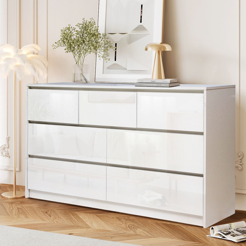 Commode double blanche pour chambre à coucher, commode moderne à 7 tiroirs ultra-brillants avec rangement, commodes de rangement en bois