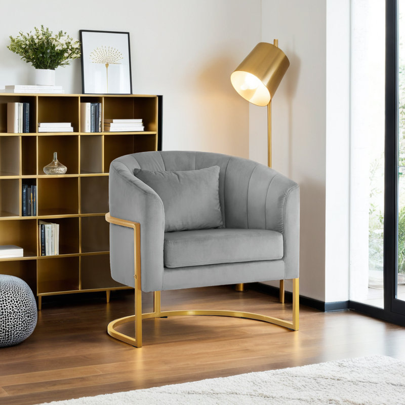 Jaquaisha Velvet Accent Barrel Chair with Pillow, Gray Velvet