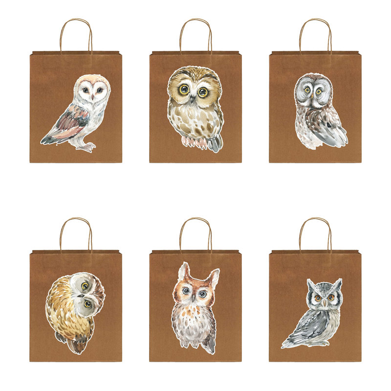 Lot de 6 sachets cadeaux animaux de la forêt et hiboux (sacs et autocollants), Bags and Stickers