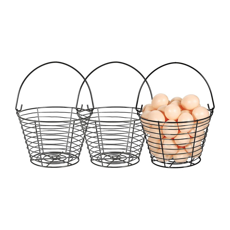 3 PCS  Black Round Wire Egg Baskets For Fresh Egg With Handle, Small Metal Egg Collecting Basket For Gathering Fresh Eggs