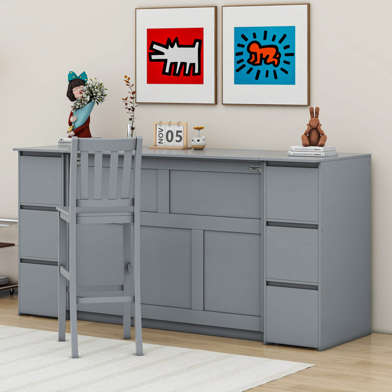Gray Full Murphy Bed with Drawers, Cabinets, and USB Ports