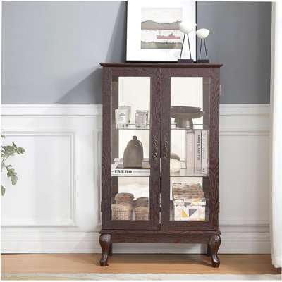Elegant Curio Cabinet With Tempered Glass Doors, LED Light, Mirrored Back Panel & Adjustable Shelves – Perfect Display Storage For Home & Office