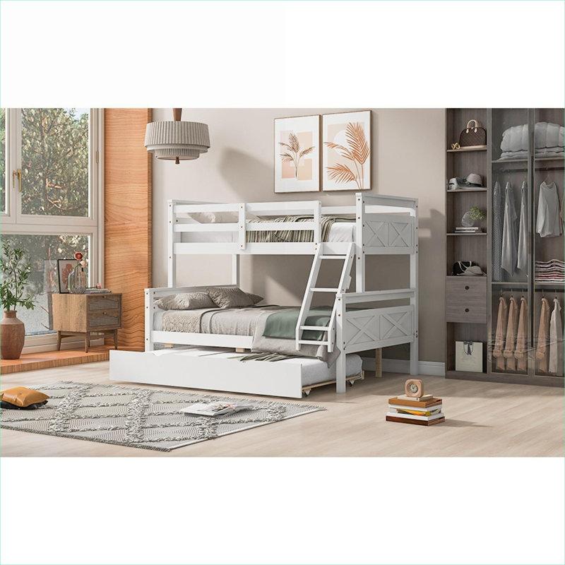 Lit superposé plateforme en pin massif, lit simple sur lit double avec lit gigogne, structure de couleur blanche avec échelle intégrée et barrière de sécurité