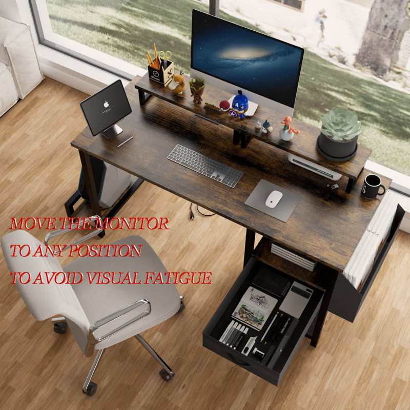 47" Computer Desk With Power Outlet,Monitor Stands,Shelves, Office Desk/Writing Table/Gaming Desk With Drawers,Large Side Pocket And Hooks,Easy To Assemble,Frame Stability Reversible