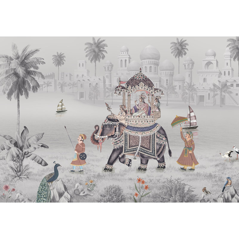 Papier peint Indian Palace Elephant Procession Mughal, L 100 po x L 96 po, Gris