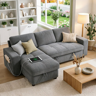 Canapé-lit d'angle Mellissa 81 po, canapé-lit 3 en 1 avec ports USB/de type C, dossier inclinable à 5 positions et méridienne de rangement