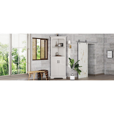 Grande armoire d'angle avec portes, tablettes ouvertes, panneau de fibres à densité moyenne écologique, conception sécuritaire