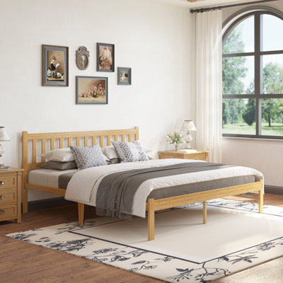 14"H Mid Century Modern Solid Wood Bamboo Platform Bed Frame with Headboard