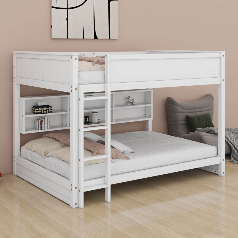 Queen Over Queen Bunk Bed, Solid Pine Wood Bunk Bed With Built-In Storage Cabinets, Charging Station,Ladder,Safety Guardrails