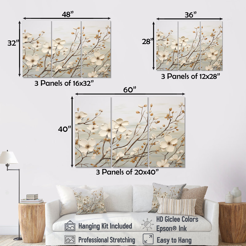 «White Dogwood Blossom Harmony II», ensemble d'art sur toile de cornouiller, H 28 po x l 36 po x P 1 po, Toile tendue