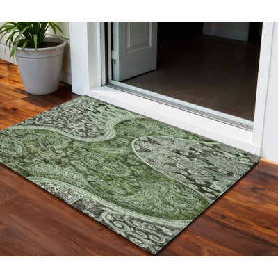 Tapis extérieur lavable à motif de médaillon floral vert olive 3 pi x 5 pi